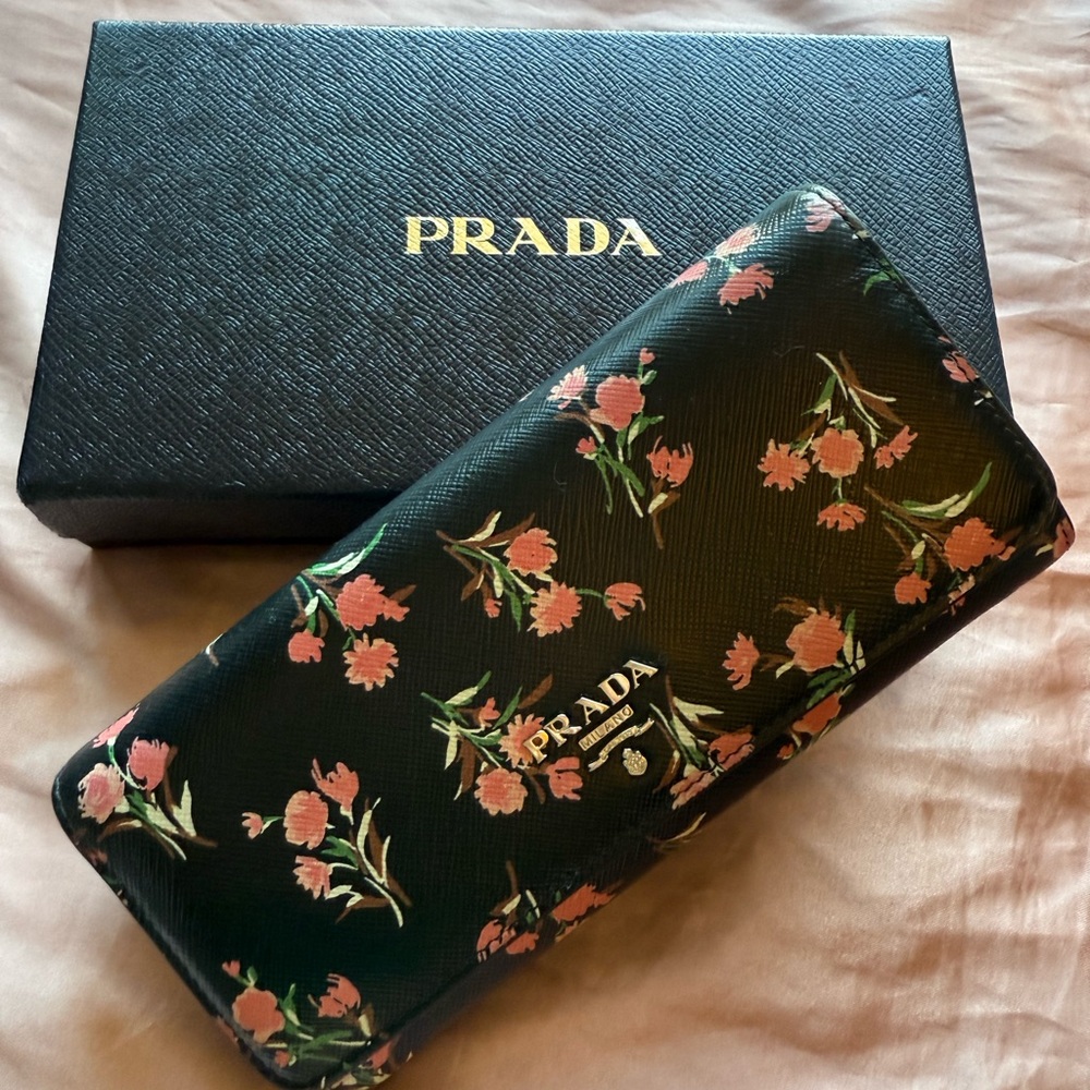Prada Black Floral Long Wallet with ID holder on Chain